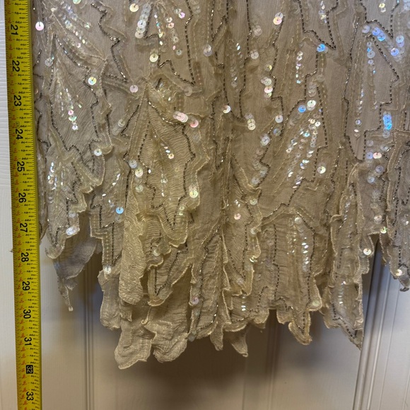 Vintage Saint Honore Beige Silk Sequin Beaded Flapper Dress, Small - Picture 9 of 9